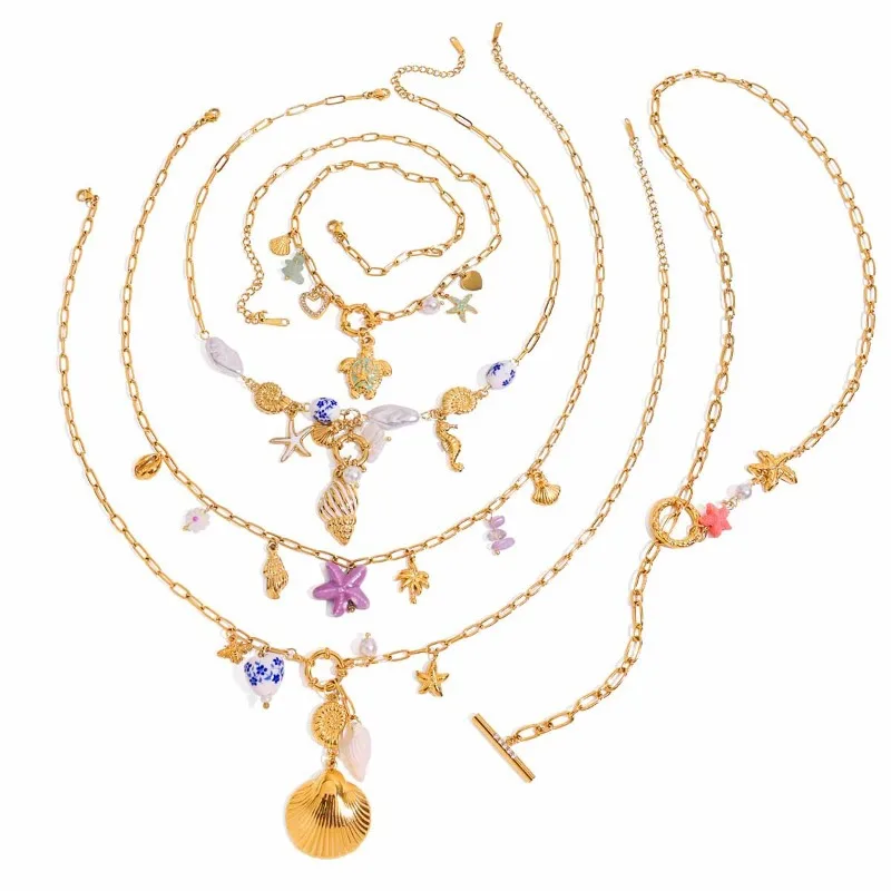 Minar Unique Enamel Rhinestone Heart Trumpet Shell Star Pendant Necklaces for Women 18K Gold PVD Plated Titanium Steel Choker