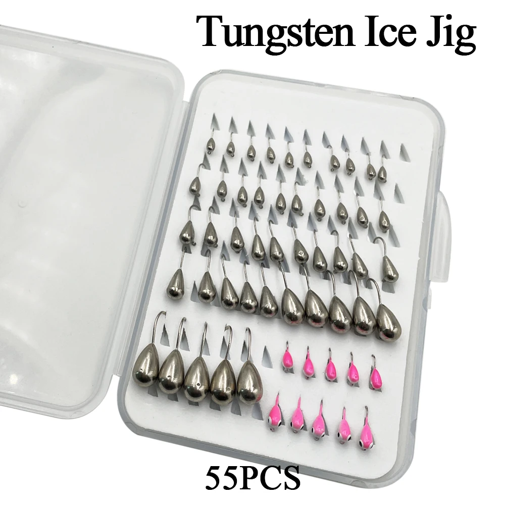 55PCS Tungsten Jig Winter Ice Fishing Lure Set2.7mm3.0mm Sink Jigging Fishing Bait for Winter Fishing with Portable Box Tackle