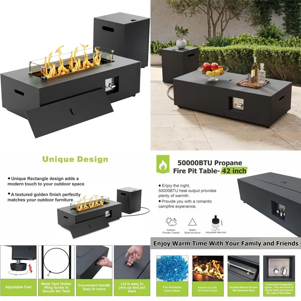 

Прямоугольный стол для костра на пропане с 50 000 БТЕ, защитой от ветра, крышкой, камнями и крышкой для использования на открытом воздухе камина