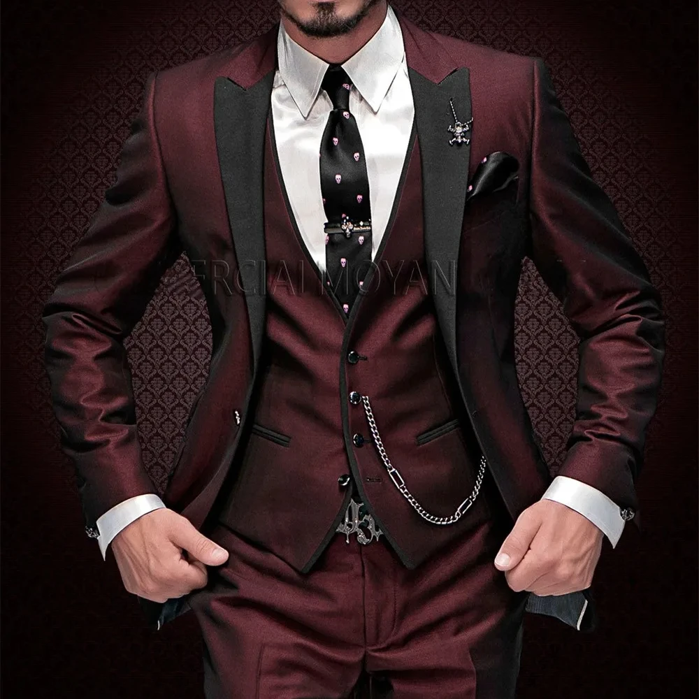 Burgundy Men Suits Italian Style Peak Lapel Wedding Groom Tuxedos Prom Party Suits 3 Piece (Jacket+Pant+Vest) Costume Homme