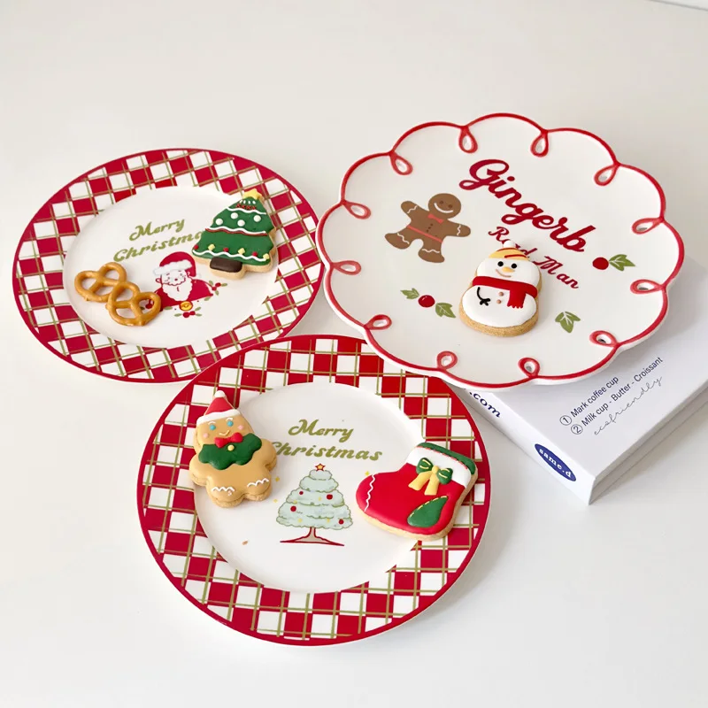 Christmas limited tableware vintage French ceramic plate high-end Korean gingerbread man dessert plate red breakfast plate