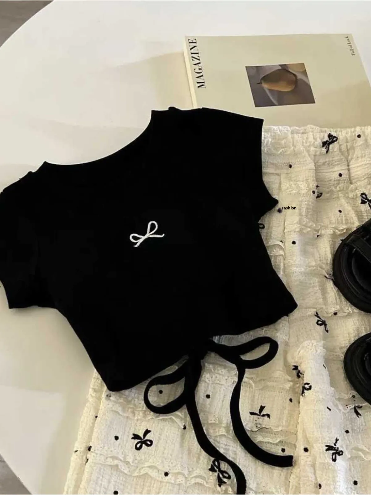 Conjunto de Dos Piezas de Estilo Coreano para Niñas, Top de Manga Corta con Lazo de Mariposa en la Espalda y Plones Ancho...