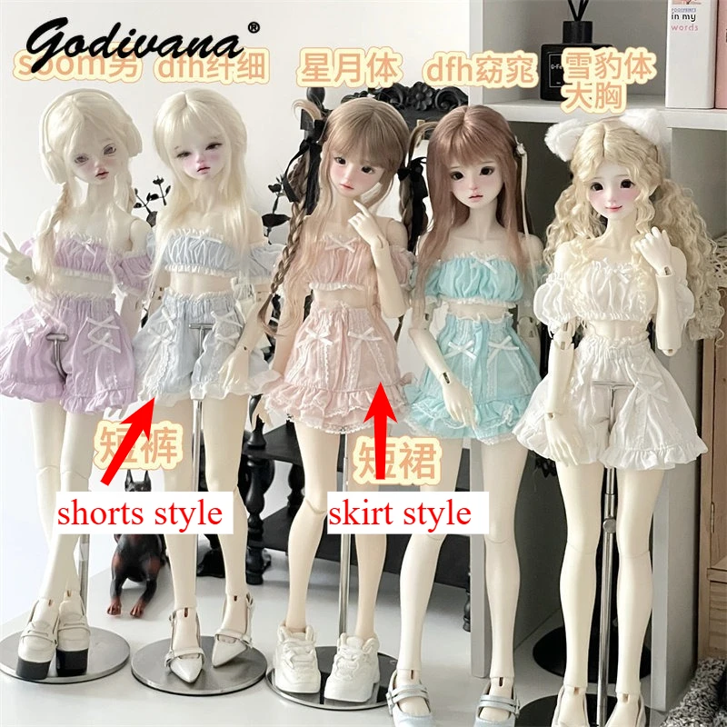 1/4 BJD Doll Outfit Sweet Girly Off‑Shoulder Short Top Shorts and Skirt Set Lace Ruffle Trim Bow Doll Clothes 5 Color Options