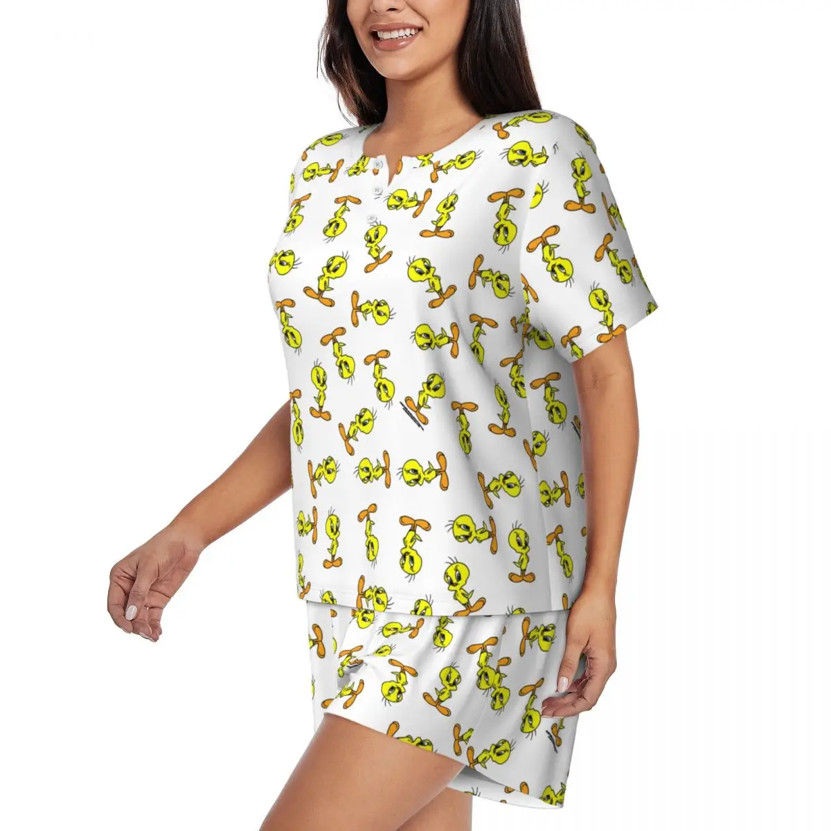 Custom Printed Womens Yellow Bird Cartoon Games Tweetys Pajamas Set Short Sleeve 2 Piece Sleepwear Pjs Lounge Sets