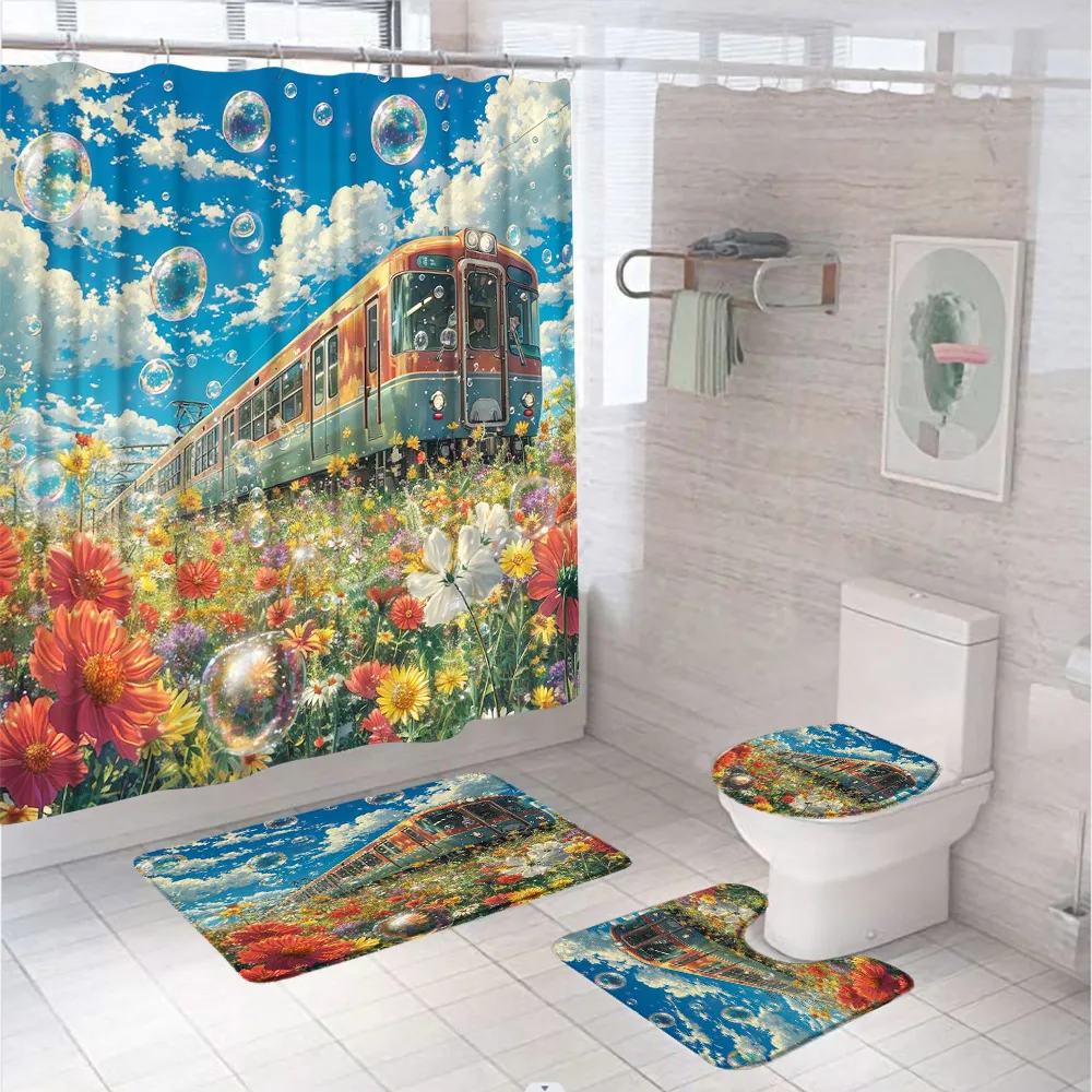 Train Shower Curtain Set Field Railroad Tracks Wildflowers Floral Landscape Bathroom Curtains Non-Slip Bath Mat Rug Toilet Cover