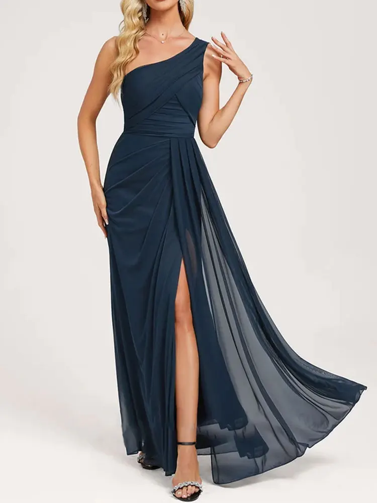 Elegant Chiffon One Shoulder Sexy Corset Bridesmaid Dresses for Wedding 2024 Side Slit Drape Floor-Lengh Evening Prom Gowns