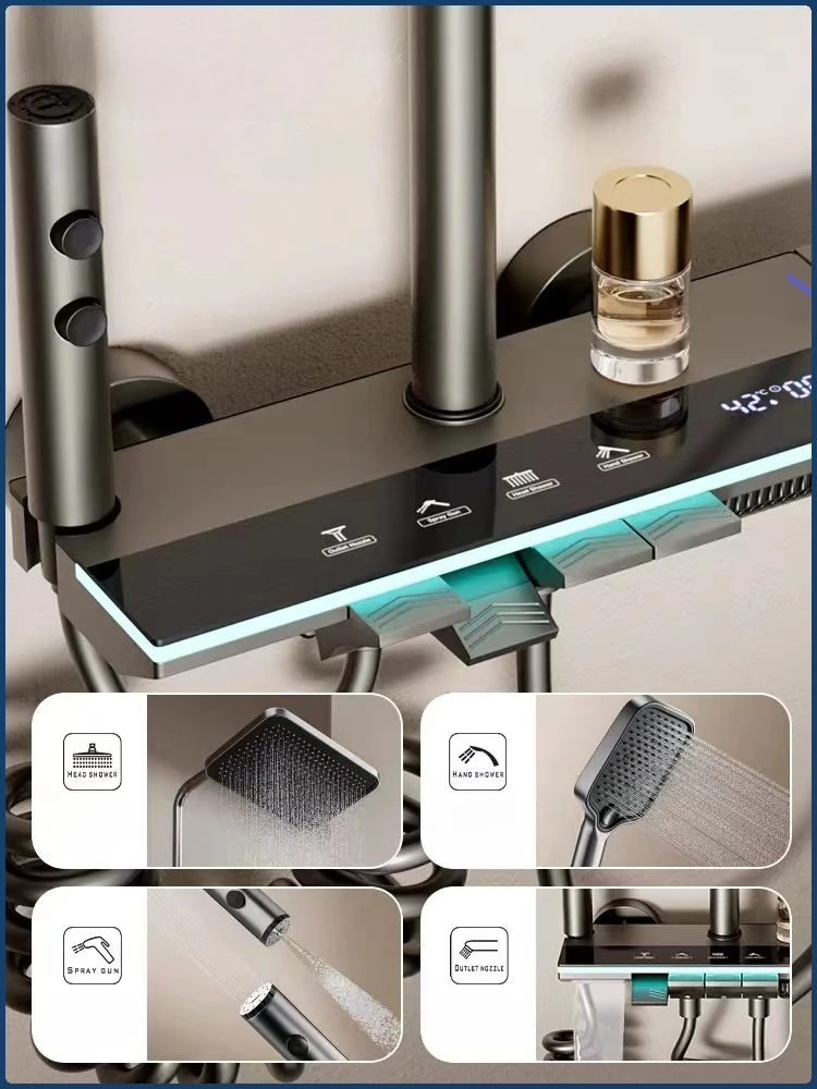 Intelligent Temperature Digital Display Shower System Wall Mount 4 Function Piano Key Rainfall Shower Faucet System for Bathroom