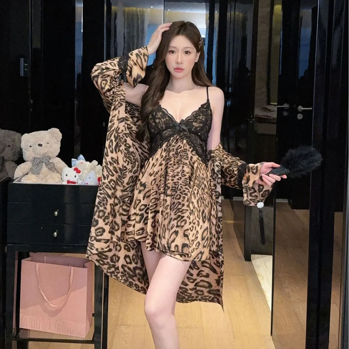 Pure Desire Wind Leopard Pattern Sexy Sleeping Women's Ice Silk Chest Mat Lace Strap Sleeping Skirt Sleeping Robe Home Clothes
