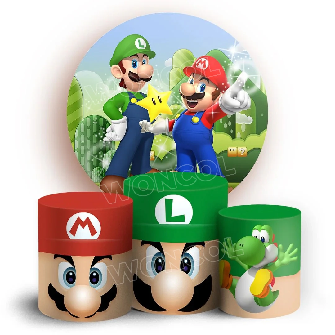 Super Mario Bros Round Backdrop Boy Birthday Party Backdrop Yoshi Luigi Mario Cylinder Cover Baby Shower Decor Photocall Prop