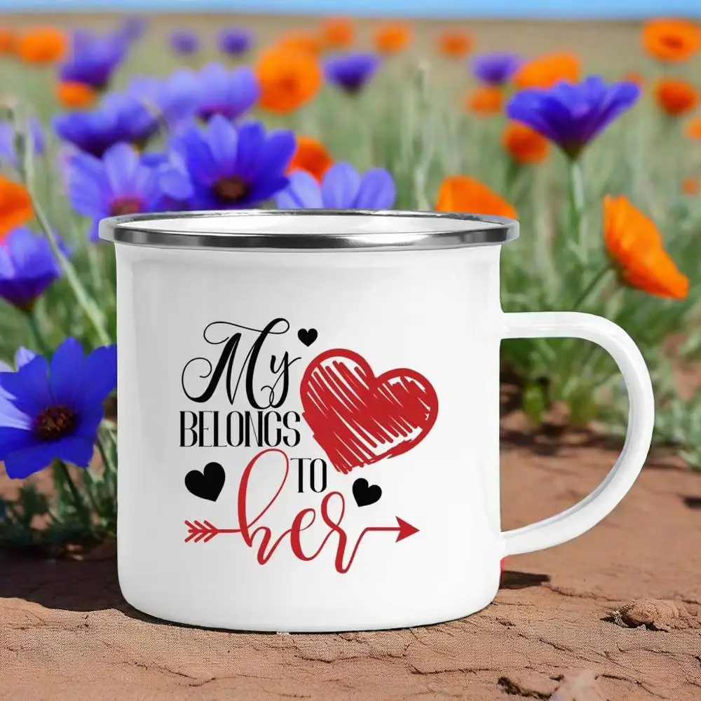 

Creative Coffee Wine Couple Cups My Heart Belong To Her/him Printed Couples Mugs Drinks Dessert Milk Enamel Cup Valentines Gifts