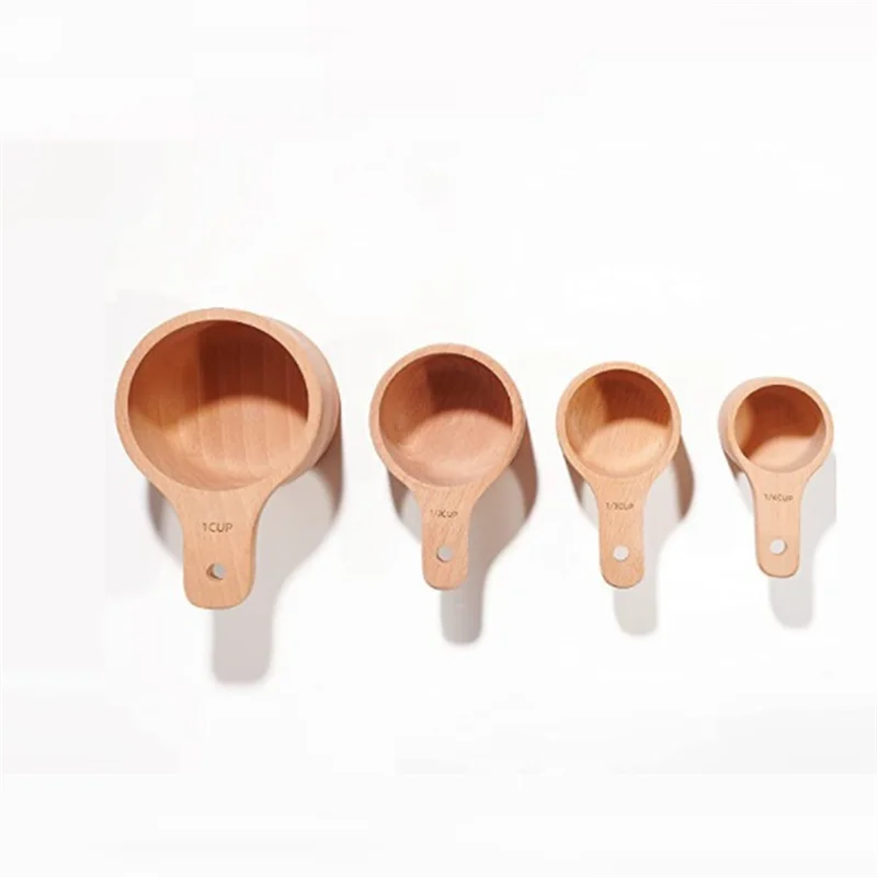 

A06R 4PCS/Set Wood Measuring Cups Handcrafted With Wood Polish Finish For Baking Cooking Spice Coffee Tea Milk Powder