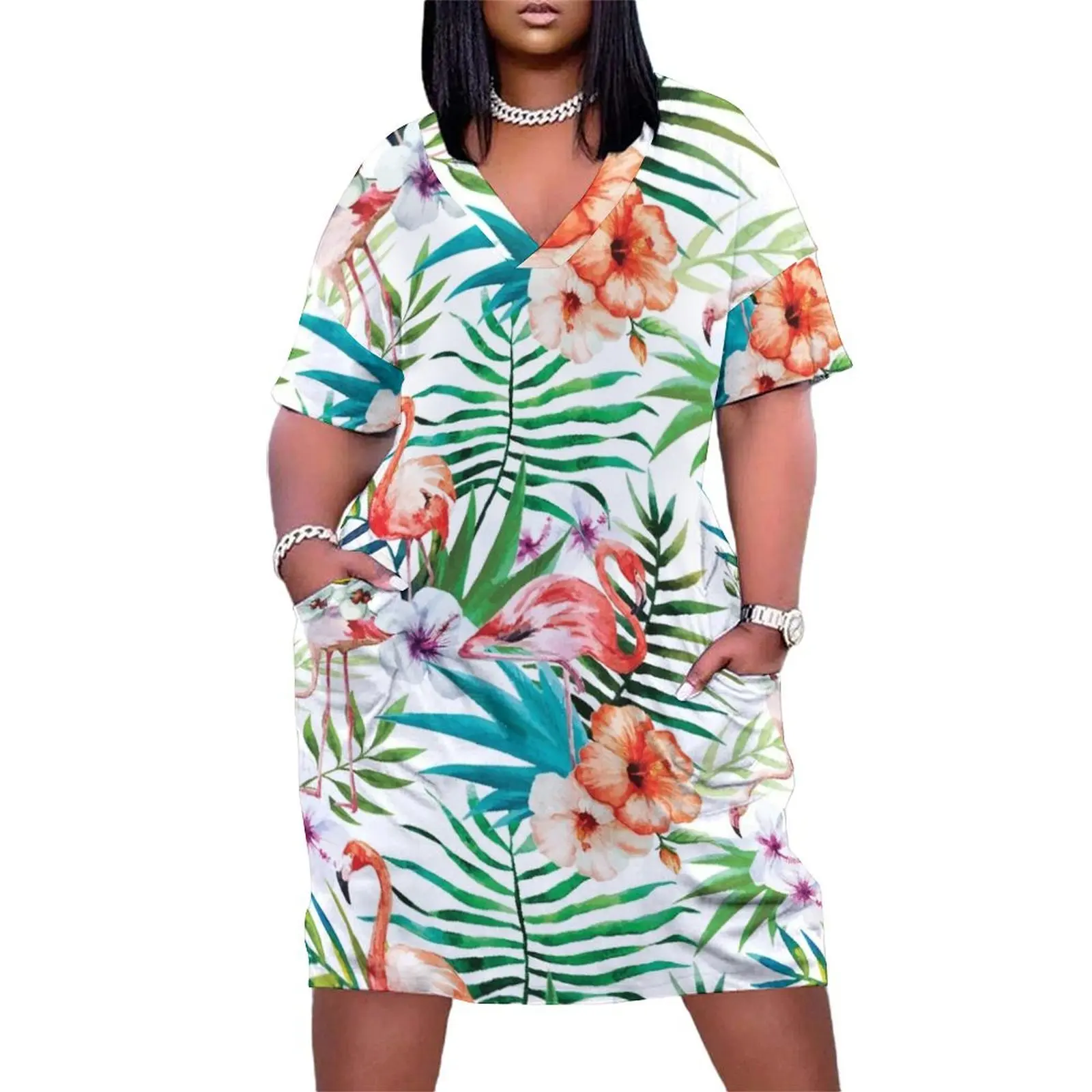 

Tropical Colorful Flamingo Pattern Loose Pocket Dress Elegant gown Long veiled dresses