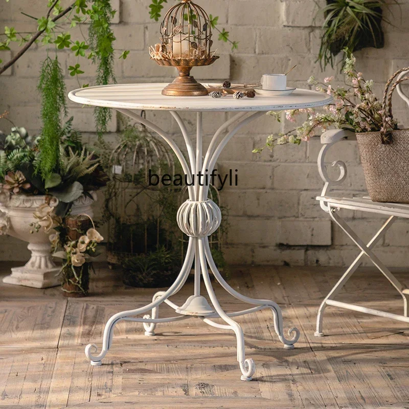 

53French table and chair combination retro old garden outdoor courtyard wrought iron balcony small round table chair
