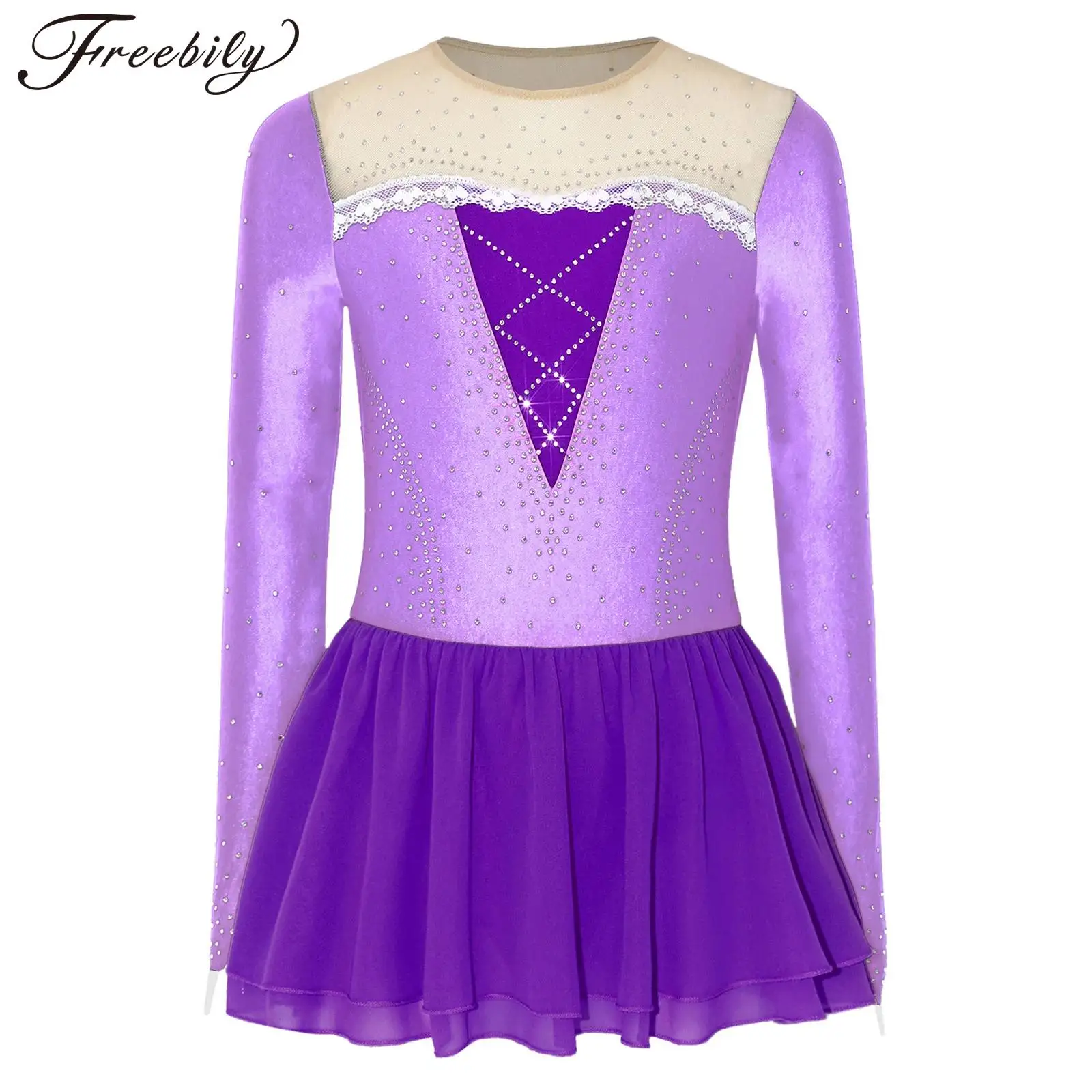 Kids Girls Mesh Figure Ice Skating Dress Long Sleeve Sparkly Rhinestones Lace Decor Contrast Color Princess Dress with Briefs