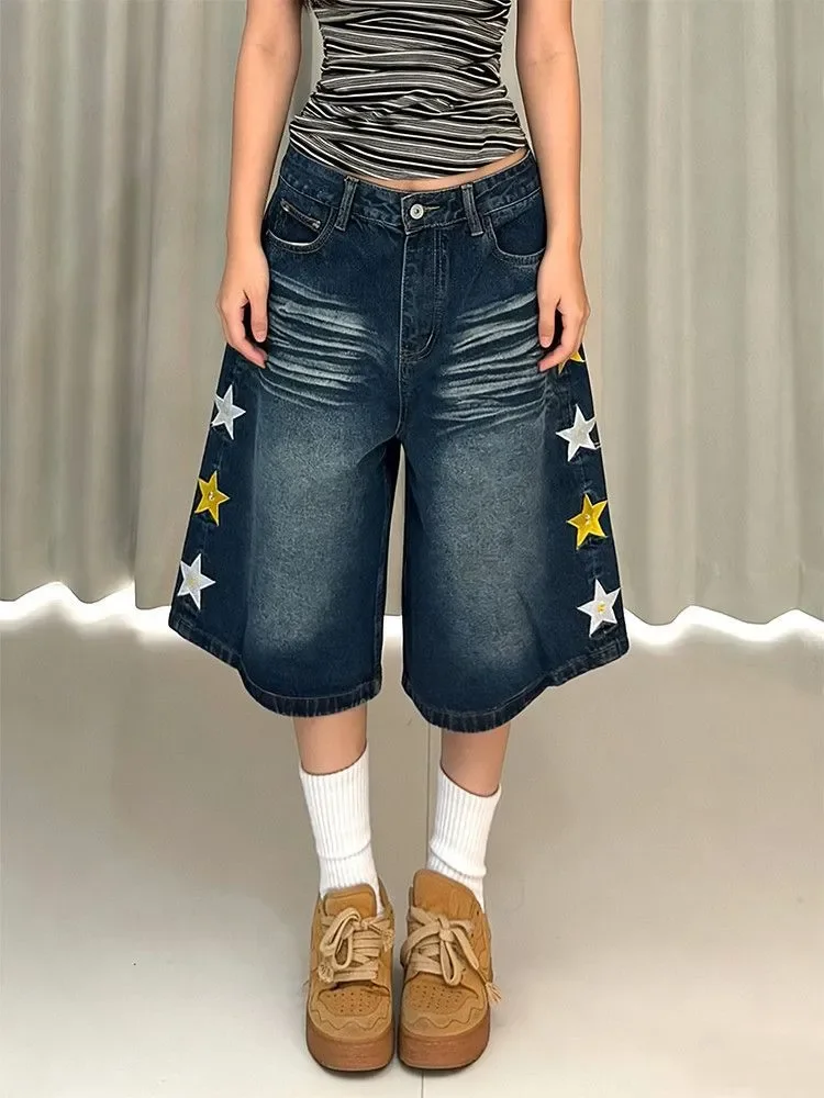Women Star Embroidery Jeans American Vintage Y2K Streetwear Fashion Slim Fit Capri Pants Casual Denim Trousers 2026 Summer