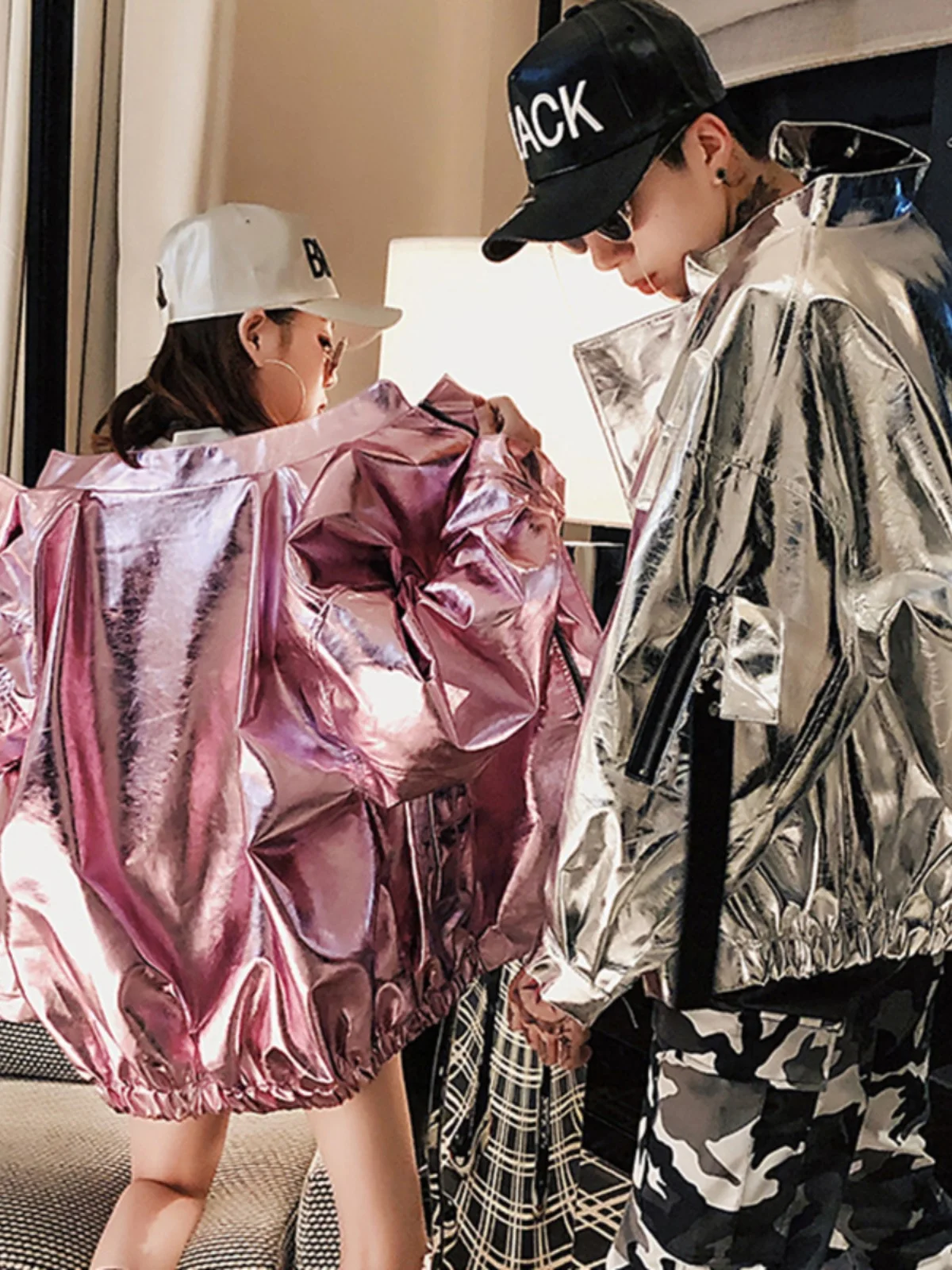 Chaqueta Delgada Estilo Urbano para Parejas, Traje de Discoteca, Disfraz para Actuaciones de Baile, Ropa Urbana de Cuero PU, Manga Larga con Cierre de Cremallera