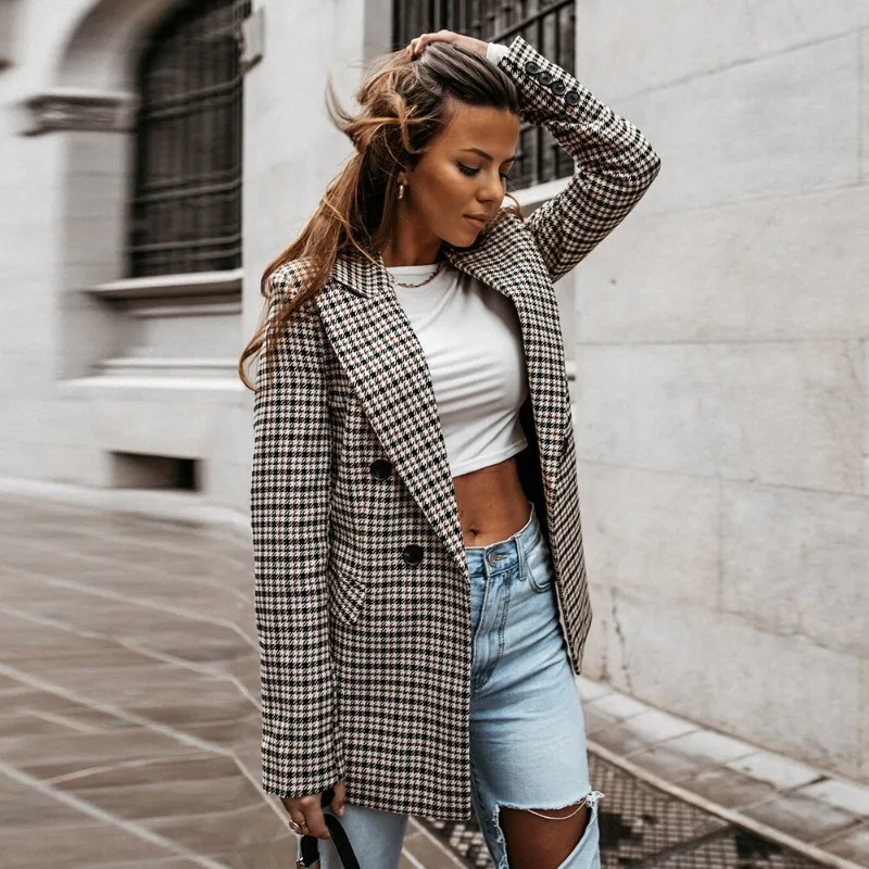 Autumn Fashion Grid Women's Suit Jacket Casual Outwear Ladies Coat  Commute  Double Breasted Elegant Leisure Women Clothing