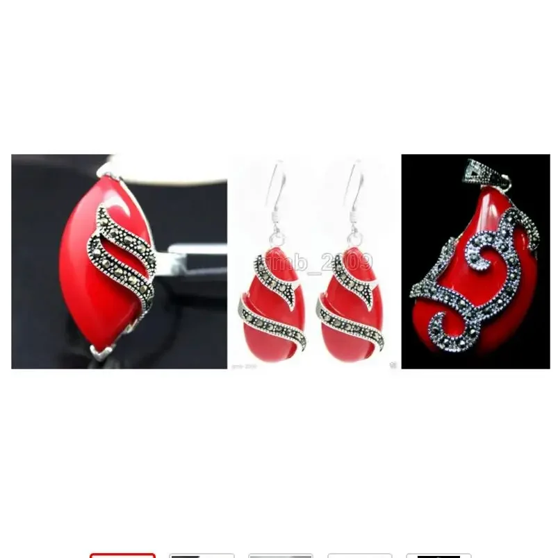 Unique Red Carved Lacquer Marcasite 925 Sterling Silver Ring(#7-10) Earrings & Pandent jewelry sets