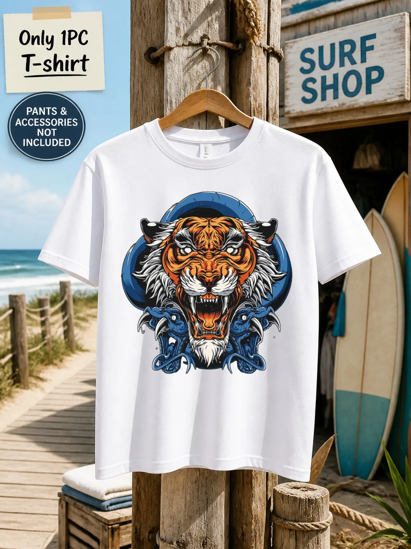 1pc Mens Graphic T Shirt Ferocious Tiger And Double Snakes Print Short Sleeve Crew Neck[solely 1pc T-SHIRT]