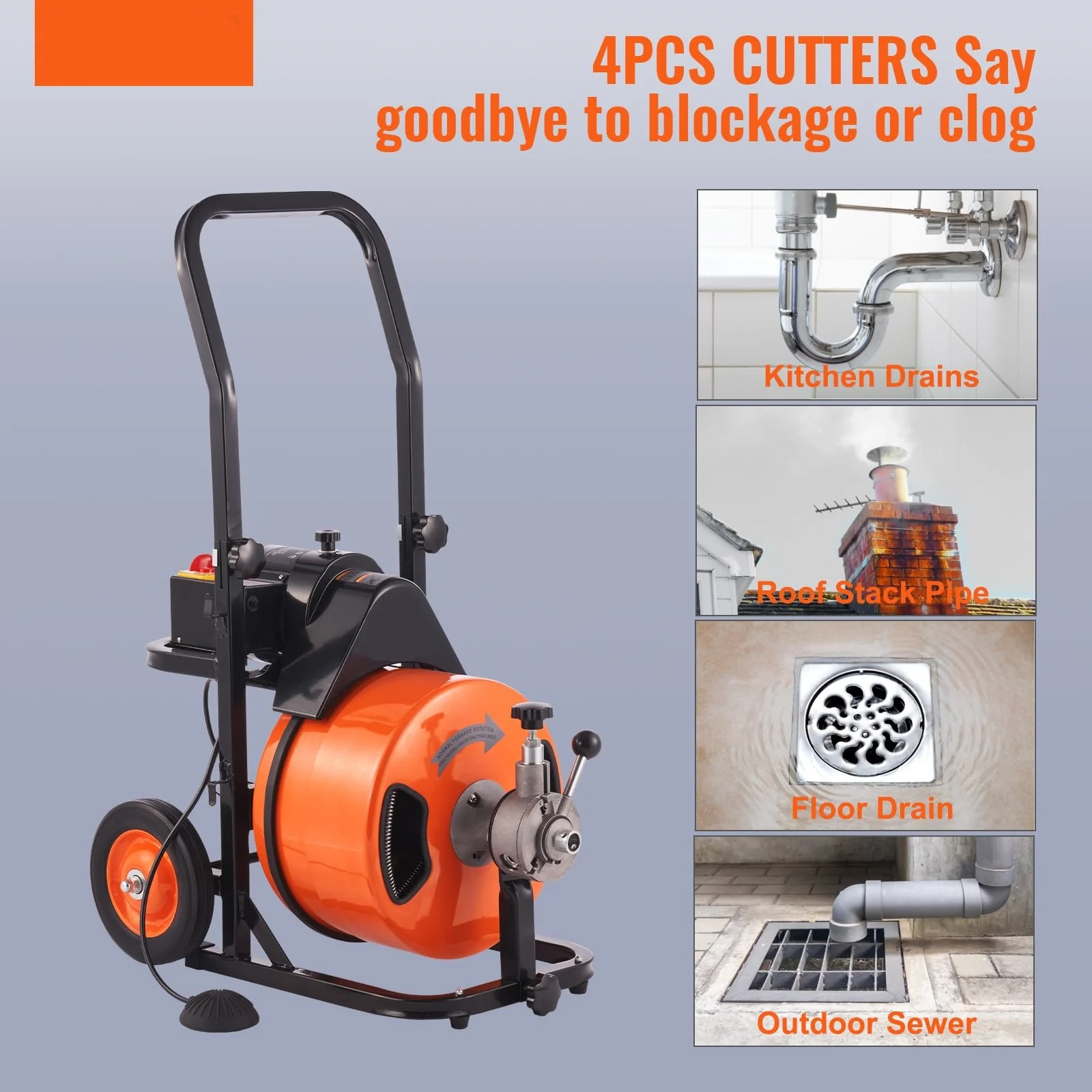 100 FT x 3/8 Inch Sewer Snake Machine Auto-Feed Drain Auger Cleaner 4 Cutters 1\" 4\" Pipes Orange Cleaning Tools Accessories