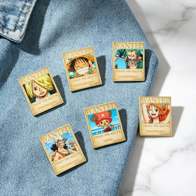 6pcs/set Vintage Wanted Poster Anime Enamel Pins Retro Cartoon Character Lapel Badges For Backpack Jacket Jewelry Gift