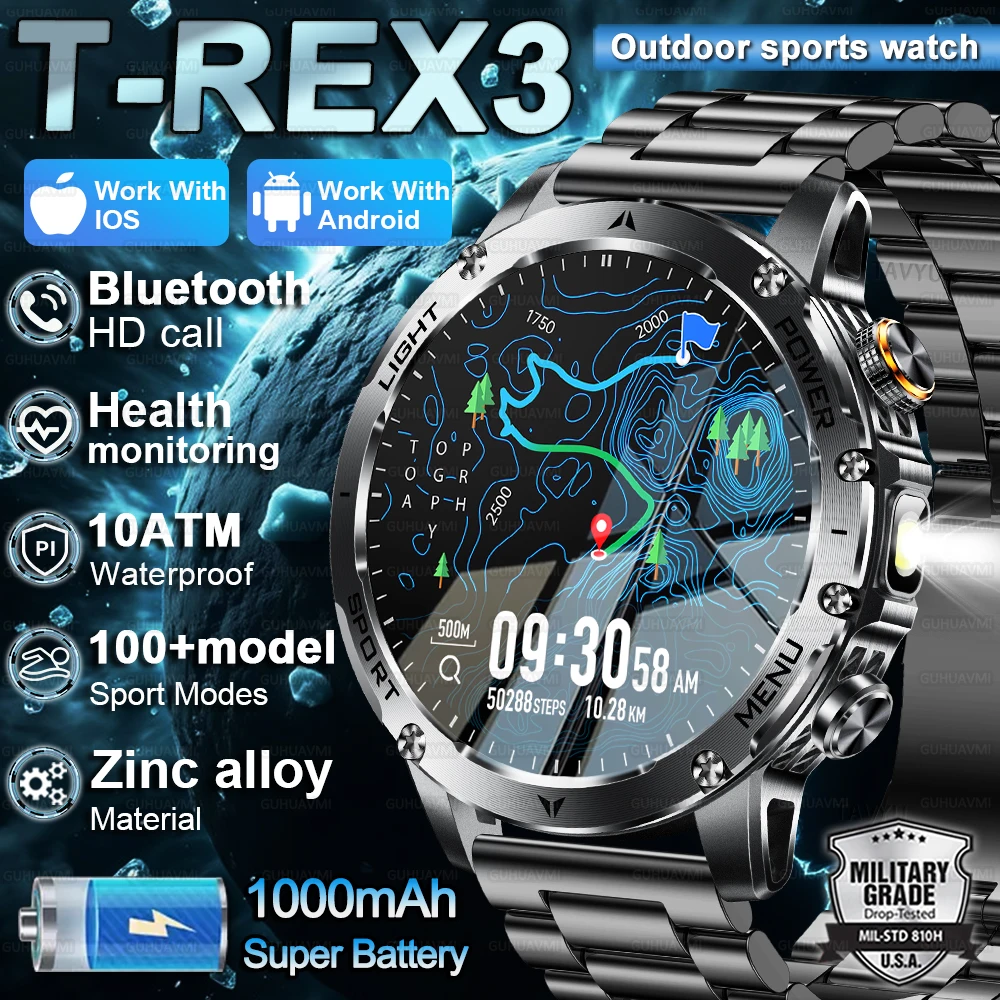 

2025 New T-Rex 3 Ultra Military 1000mAh Battery Smart Watch 10ATM Waterproof Flashlight Heart Rate Sports tracker Smartwatch Men