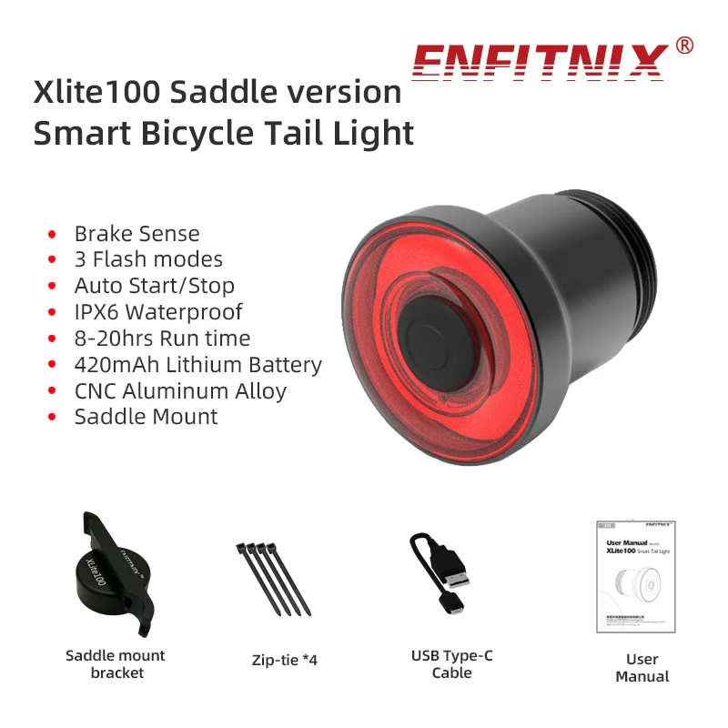 Enfitnix XLite100 Smart Tail Light Bicycle Brake Sensing Flashlight Cycling Auto Start/Stop Rear Light USB Charge IPX6 LED Light