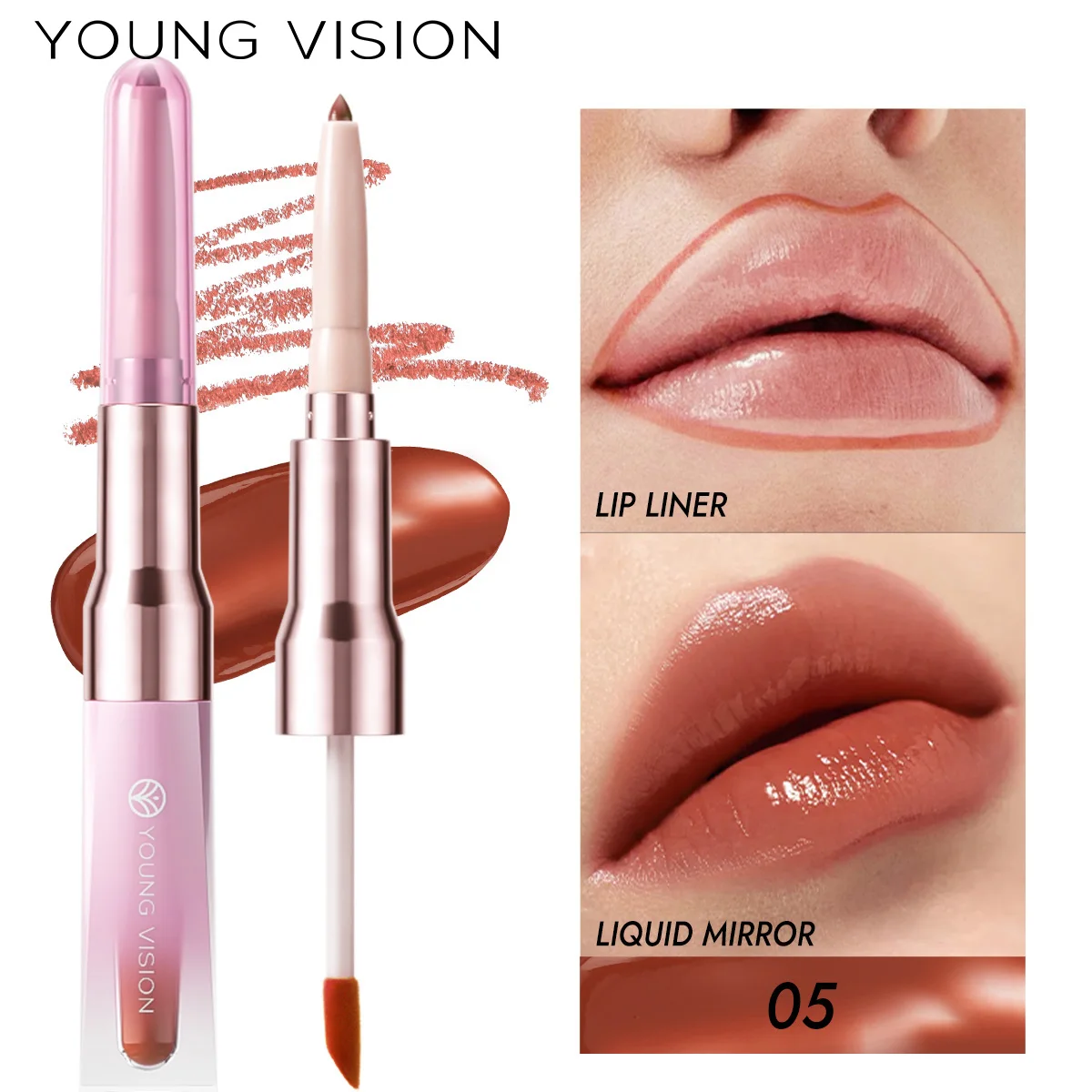 YOUNG VISION 6-kolorowy dwustronny konturówka do ust + błyszczyk do ust z efektem lustra, nawilżający gradientowy kolor ust, matowy błyszczyk do ust nieprzywierający