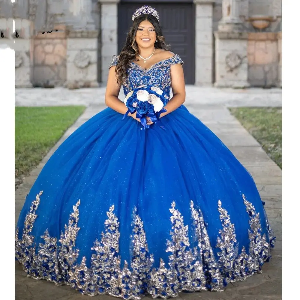 

Customized Royal Blue Off Shoulder Quinceanera Dress Ball Gown Appliques Lace Sequins Beading Sweet 16 Vestido De 15 Anos YQD172