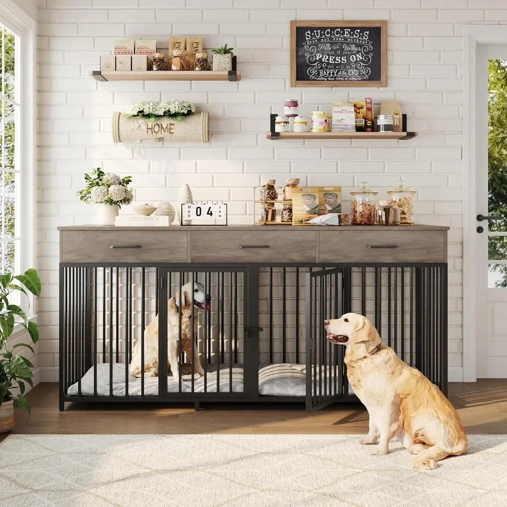 

Double Dog Crates Furniture, 71" Wide Indoor Dog Kennel with 3 Drawers