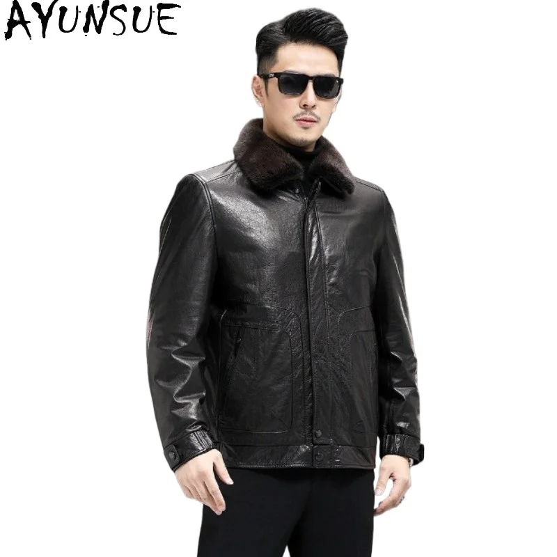 AYUNSUE Mink Fur Collar Genuine Leather Down Jacket Men Winter Waxed Top Layer Cowhide Leather Coat Detachable Down Liner 2026