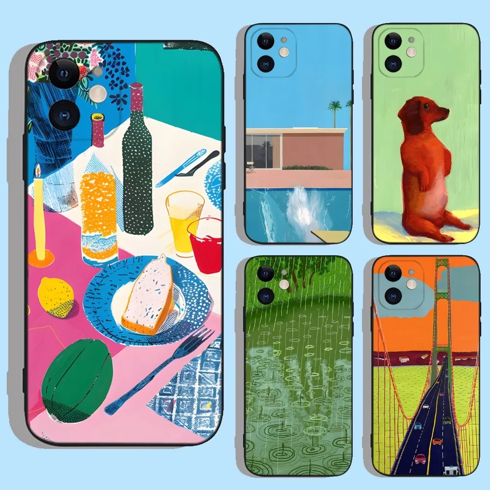 Art D-David  Hockney Paintings Phone Case For iPhone 16,15,14,13,12,11,XS,XR,X,8,7,Pro,Max,Plus,mini Silicone Black Cover