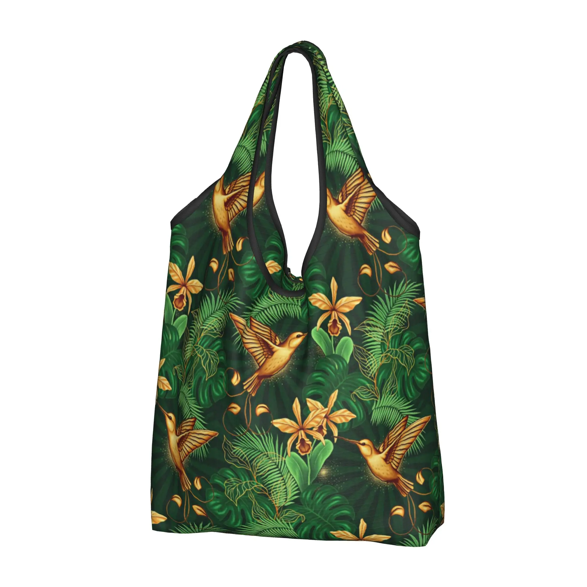 Recycling Tropical Hummingbird Shopping Bag Women Tote Bag Portable Hawaiian Style Botanical Flowers Grocery Shopper Bags