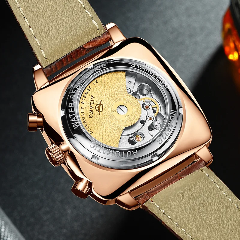 AILANG Fashion Green Big Dial Square Mechanical Watch for Men Leather Strap Waterproof Tourbillon Watches Mens Relogio Masculino