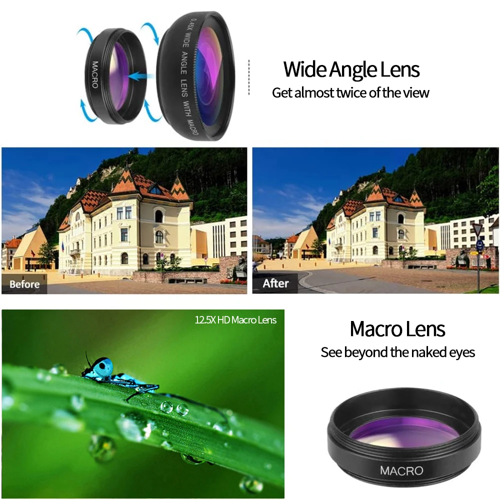 Universal 2 em 1 clipe de lente 37mm lente do telefone móvel profissional 0.45x 49uv super grande angular + macro hd lente para iphone android