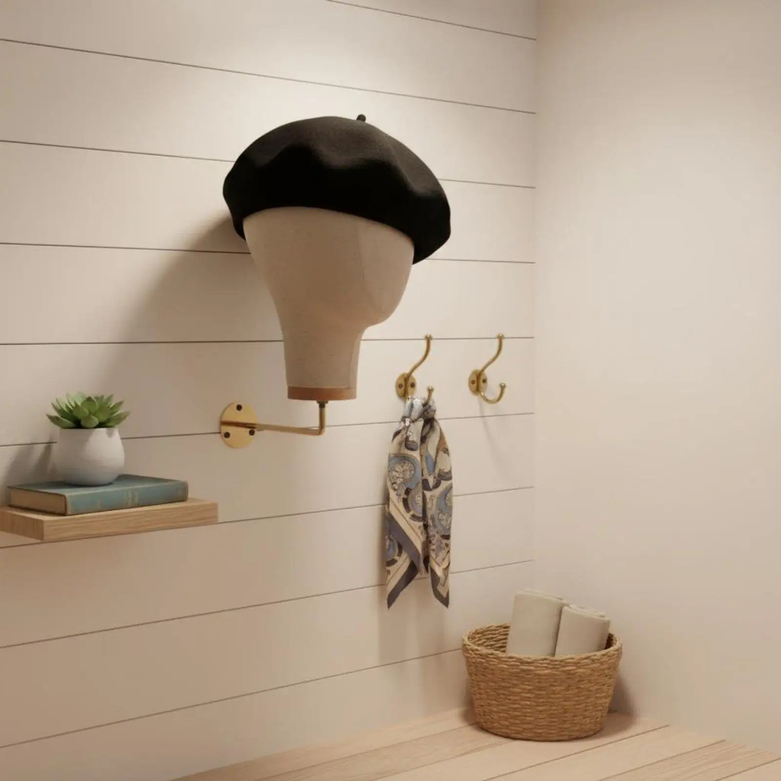 Linen Head Display Shelf Elegant Mannequin Head Wall Mount for Hat Wig Storage in Home or Store