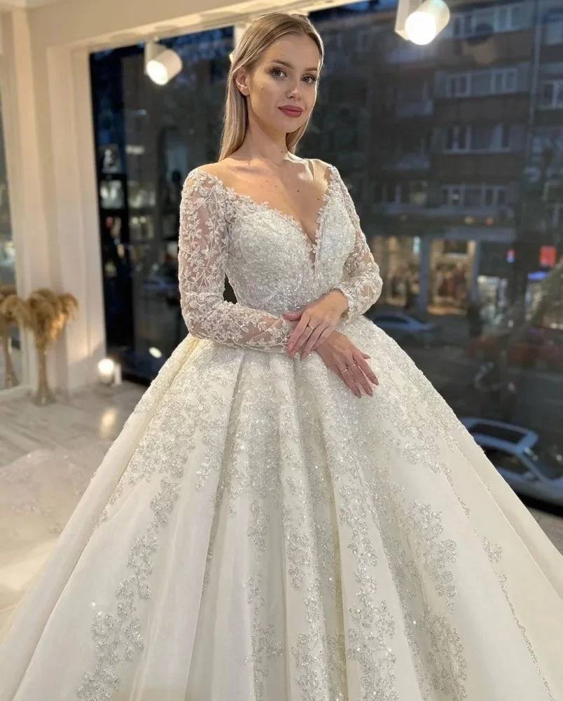 Flavinke Customized Luxury A-Line Wedding Dresses Women Sequins Appliques Bridal Gown O-Neck Long Sleeves Sweep Train Vestido