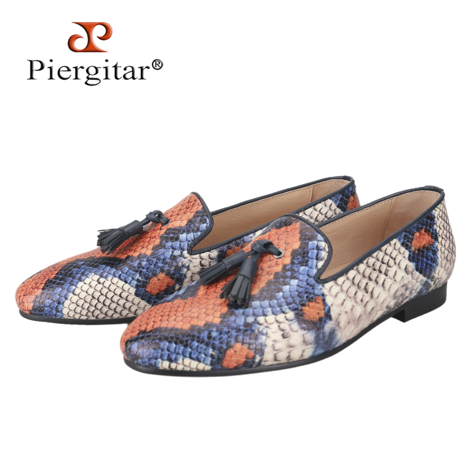 Piergitar Customized Python Pattern Embossed Leather Slip-On Men's Loafers With Handcrafted Leather Tassels Fashion Smoking Shoe