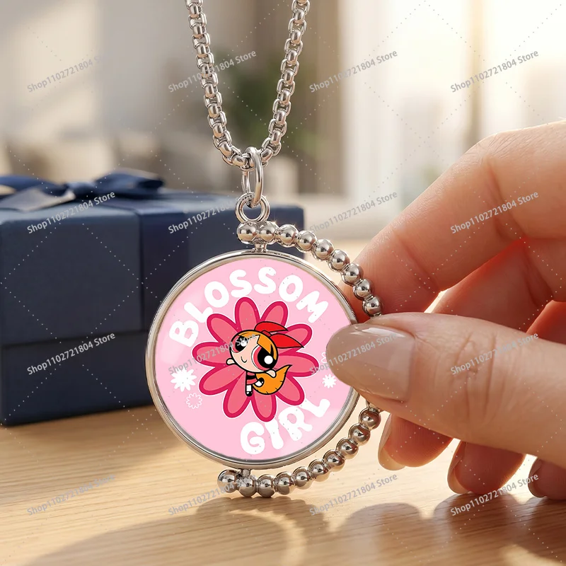 The Powerpuffs Girls Rotatable Necklace for Couple Anime Cartoon Double-sided Printing Necklaces Men Women Good-looking Necklace - view 2