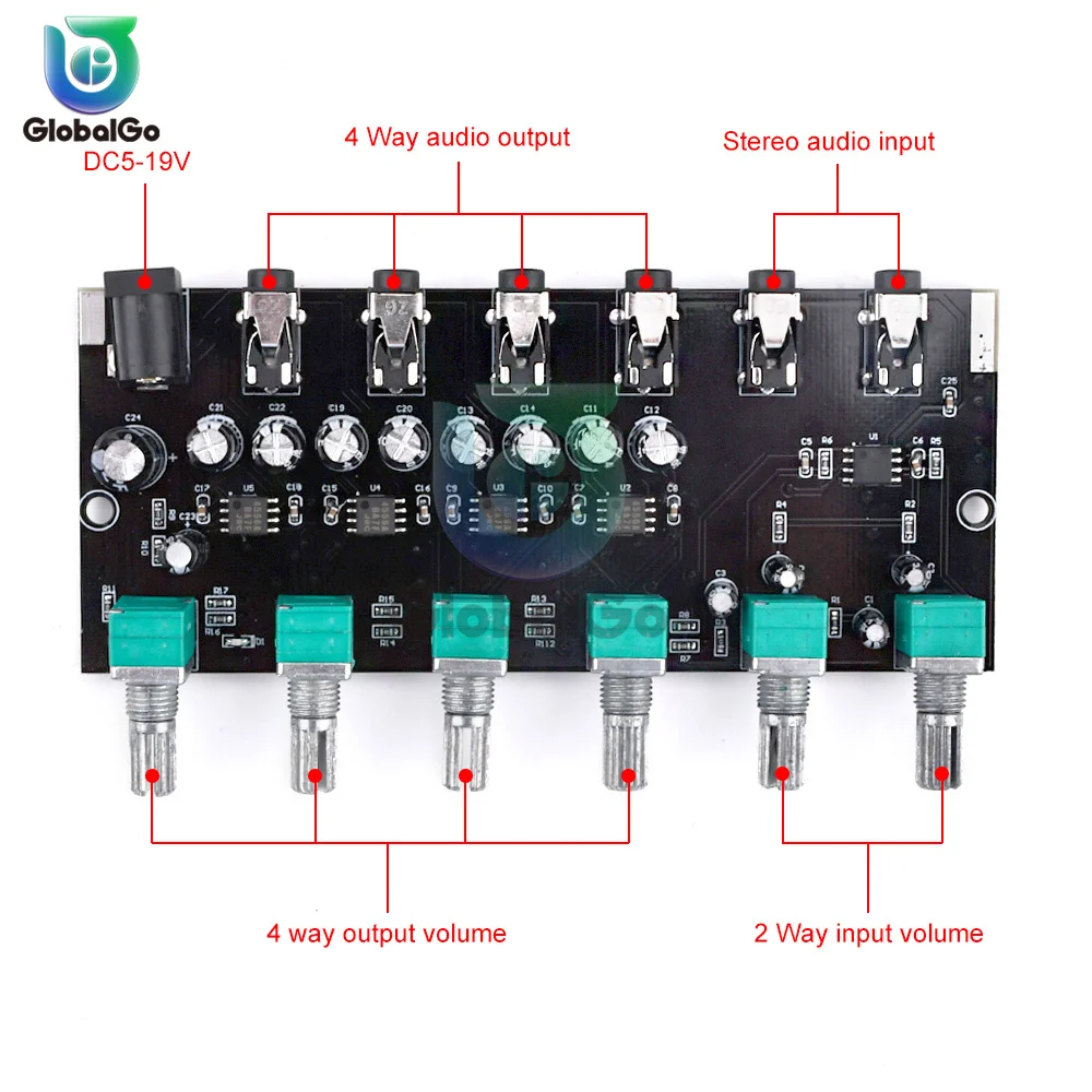 Mikser Audio Stereo dystrybutor przełącznik wyboru sygnału 2 wejście 4 wyjście aux 3.5 MM indywidualnie steruje wzmacniaczem słuchawek