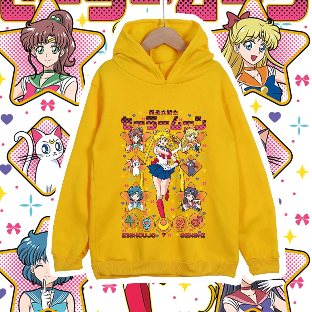 Kinder Anime Baumwoll-T-Shirt Sailor Moon Charaktere Druck Unisex Hoodie Sweatshirt für Jungen Mädchen 100-160cm Körpergröße – Detail 6