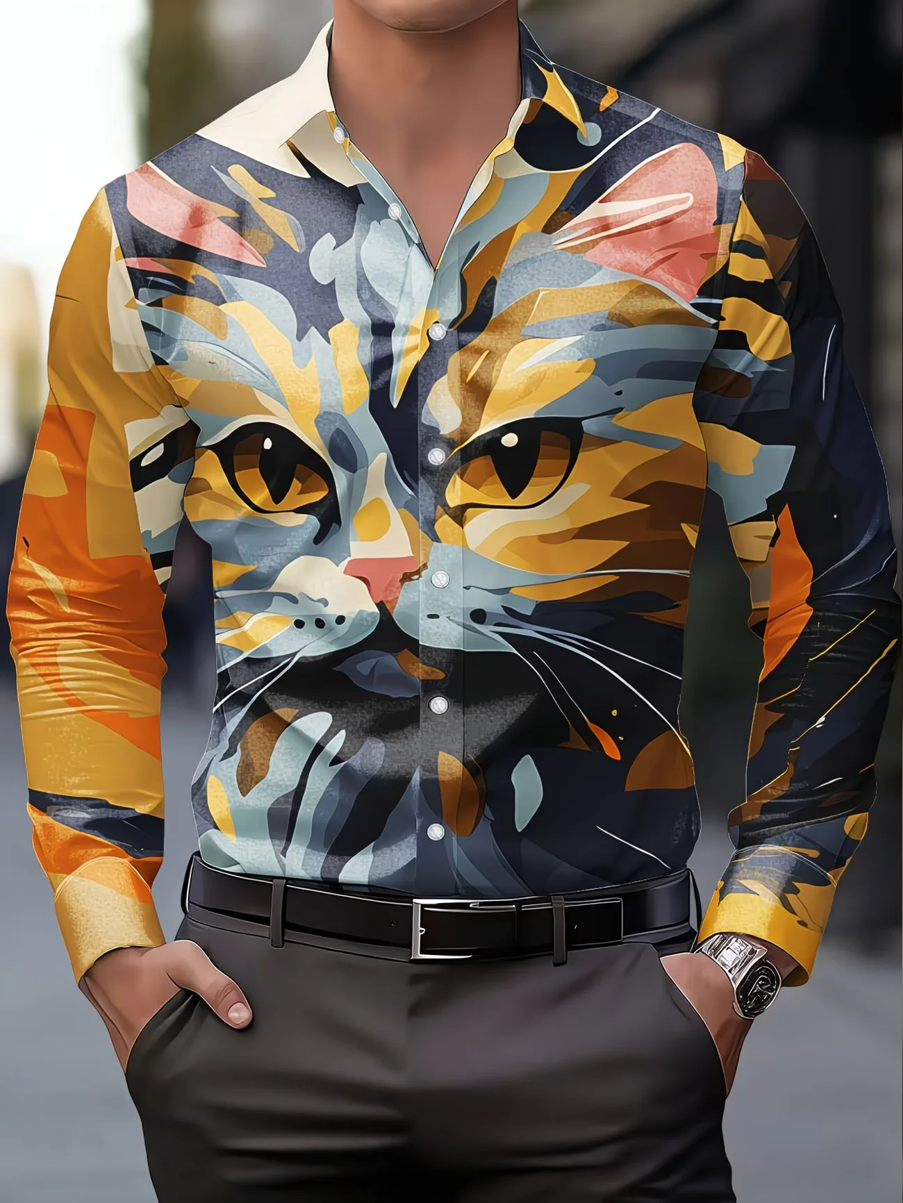 New Art Cat Color Contrast Printed Men's Long Sleeve Shirt Personalized Trendy Brand Style Casual Flower Shirt