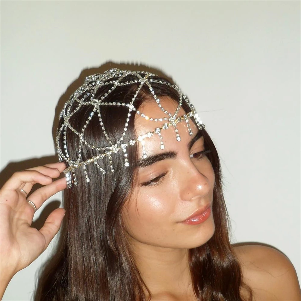 Bohemia Crystal Tassel Head Chain Flapper Cap Headwear Wedding Accessories For Women Rhinestone Hair Chain Headpiece Jewelry