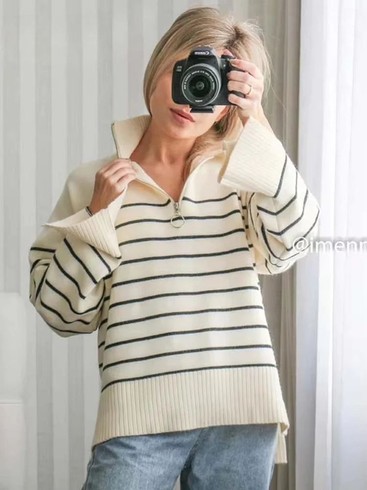 Damesmode Losse gestreepte asymmetrie gebreide truien Vintage lange mouwen Zip-up vrouwelijke truien Chique gebreide tops