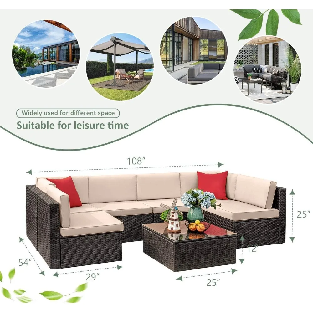 7 Pieces Sectional Sofa Patio Furniture Set with Cushion and Glass Table, Manual Weaving Wicker Rattan Patio Conversation Set