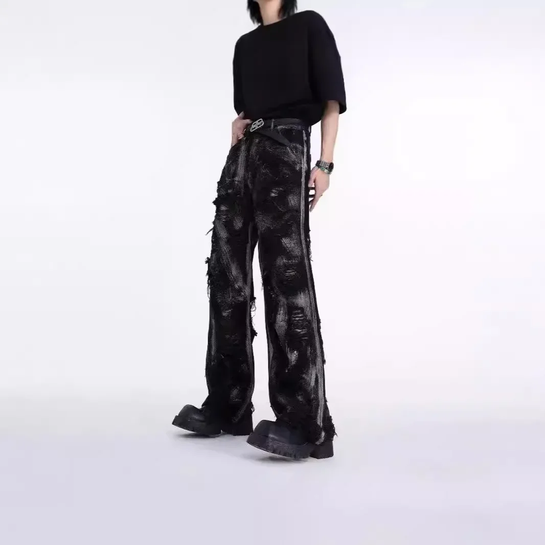 

Pop Four Seasons New Fashion Hip-hop Men's Black Jeans Pants American High Street Loose Straight Hole Denim Trousers Male Street