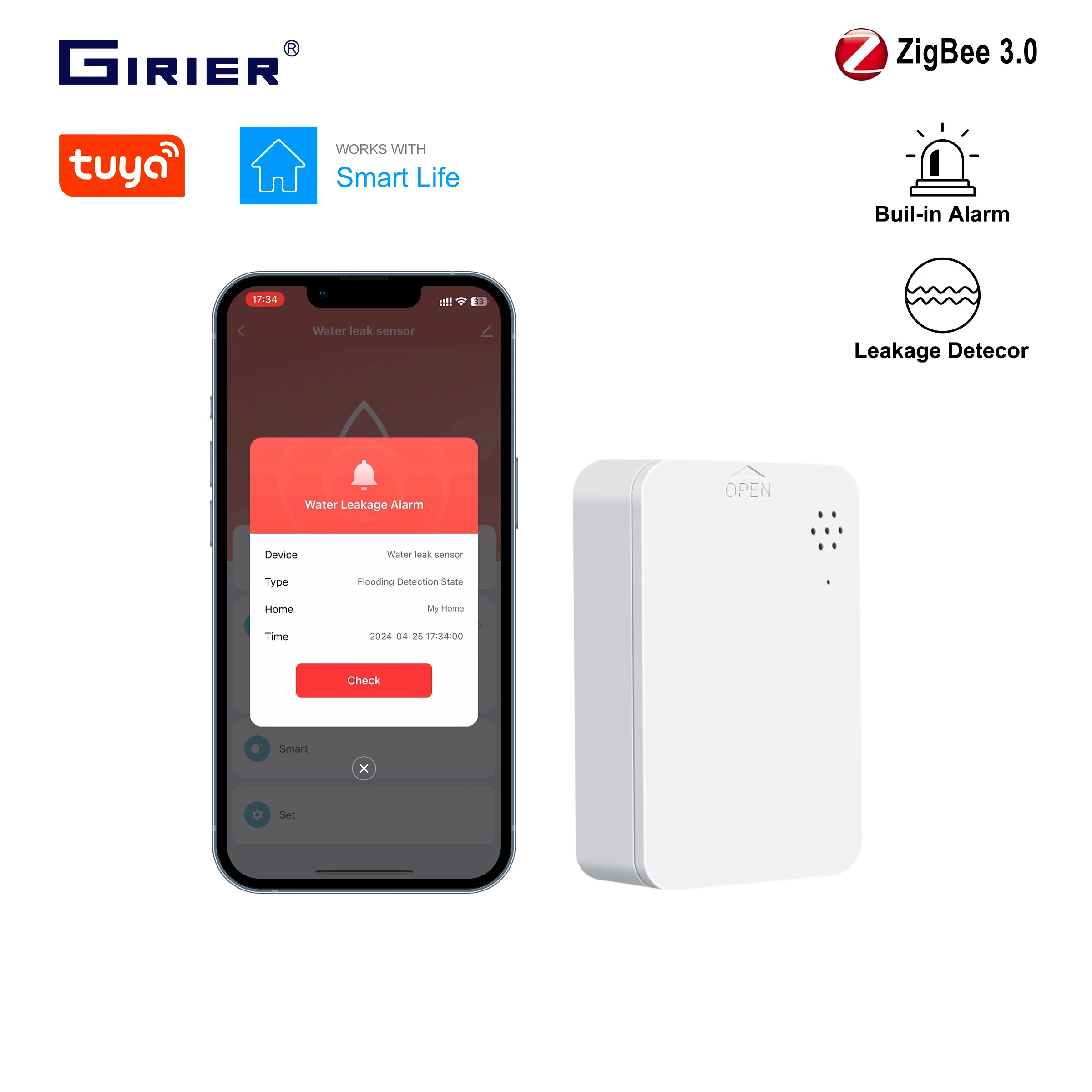 

GIRIER Tuya Zigbee Water Leak Sensor Smart Wireless Leakage Detector Built-in Smart Siren 85dB Alarm for Home Automation System