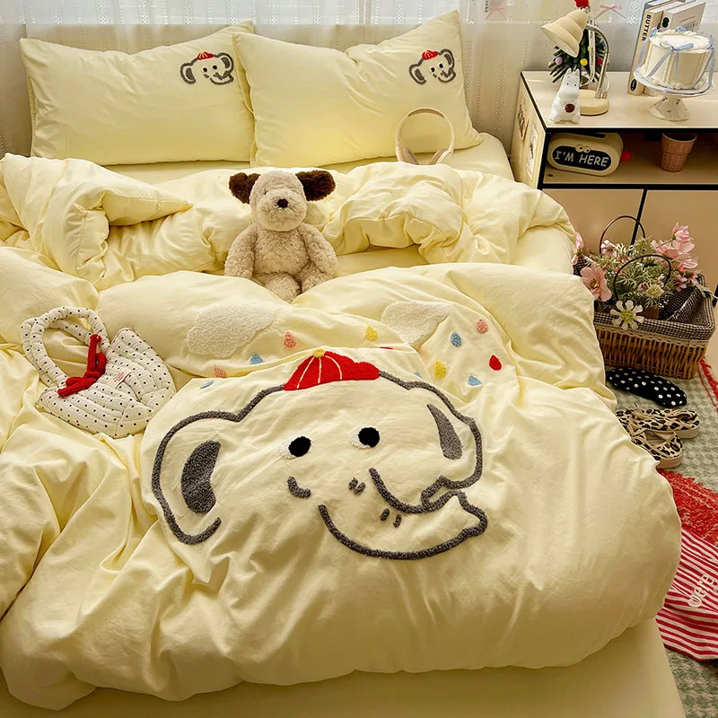 INS Style Cartoon Towel Embroidery Washed Cotton Duvet Cover 4-Piece Bedding Set