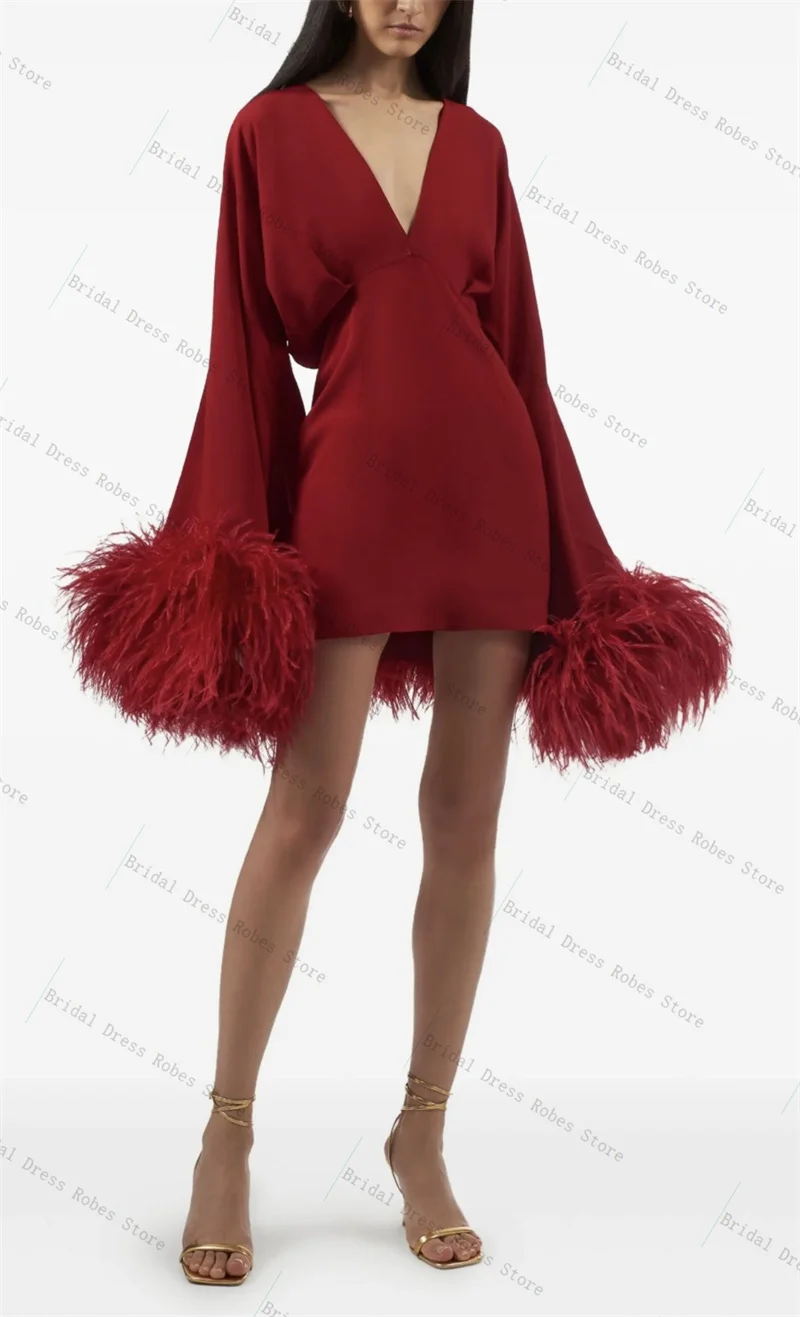 

Ostrich Feathers Women Prom Dress For Photoshoot Red Full Sleeves Backless Short Mini Bridal Morning Robe Customized Night Gown