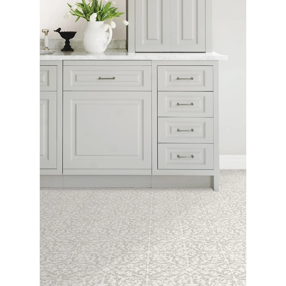 Bodenfliesen zum Abziehen und Aufkleben, 12 x 12 cm, wasserabweisend, langlebiges, reines Vinyl, modernes Medaillonmuster, 10er-Pack, einfache Anwendung